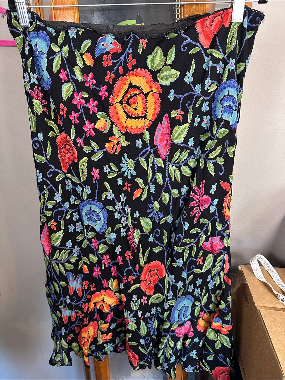 Nostalgia Black Midi Skirt with Multicolor Floral Embroidery